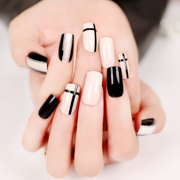 24pcs Black White Long Square Nail Tips with Glue Sticker
