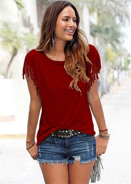 VenusFox Women Cotton Tassel Casual T-shirt Solid Color Tees