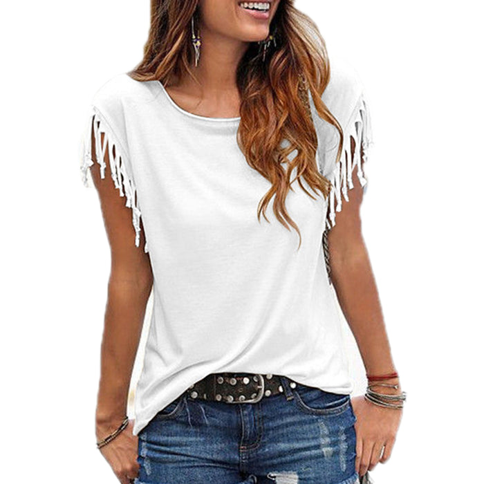 VenusFox Women Cotton Tassel Casual T-shirt Solid Color Tees