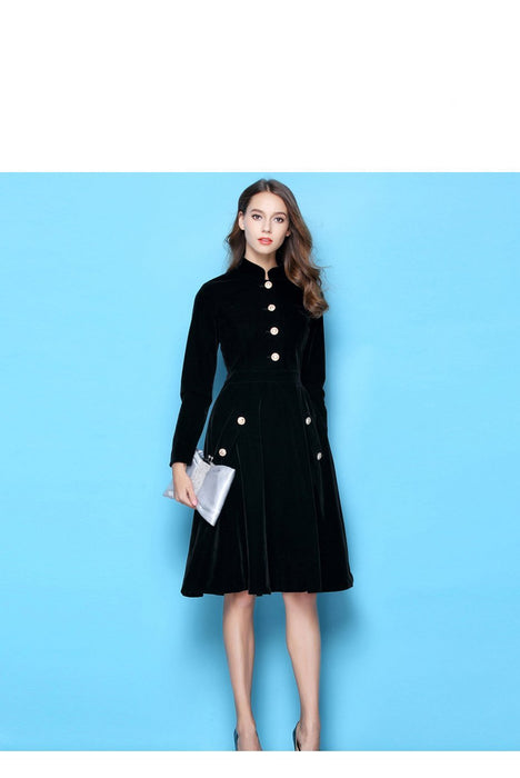VenusFox Plus Size Winter Black Velvet Women Vintage Long Sleeves Dress