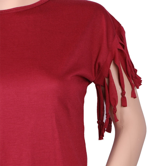 VenusFox Women Cotton Tassel Casual T-shirt Solid Color Tees