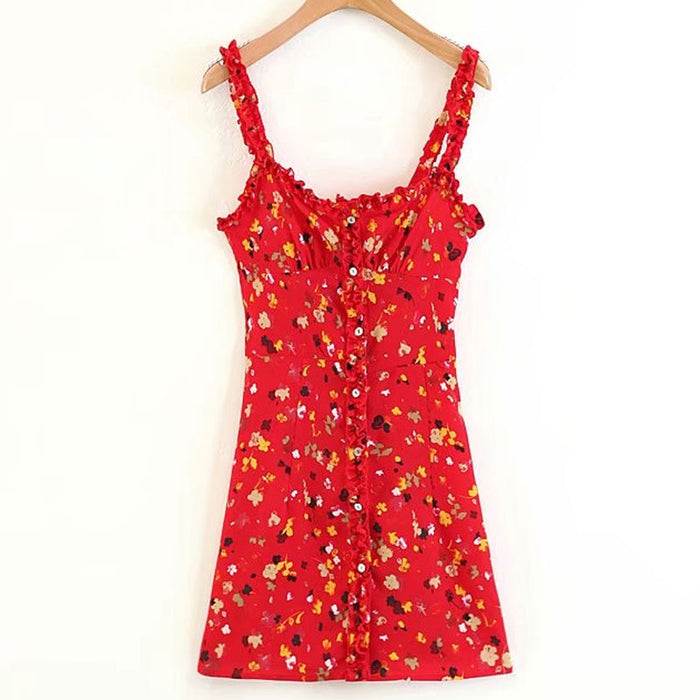 VenusFox Sexy Ruffles Floral Print Summer Dress Strap Bohemian Beach Vintage Red