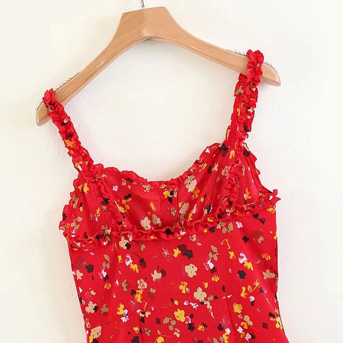 VenusFox Sexy Ruffles Floral Print Summer Dress Strap Bohemian Beach Vintage Red