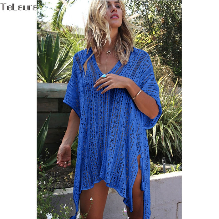 Beach Cover Up Crochet Knitted Tassel Tie Sexy Dress