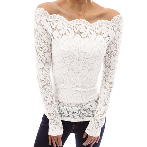 VenusFox Sexy Lace Hollow Out Off Shoulder Slash Neck Long Sleeves Blouse Tops