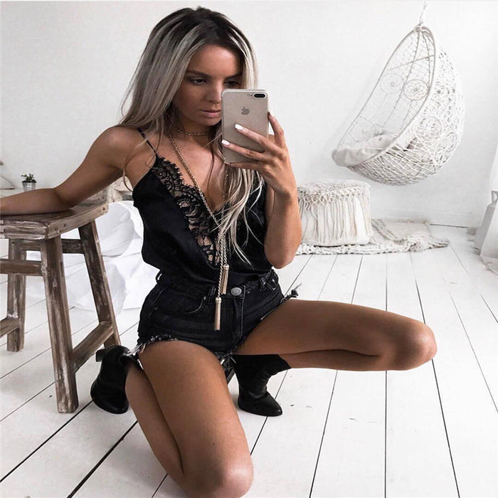 VenusFox Women Lace strap Off-shoulder Black Sleeveless Tank Tops Casual Blouses