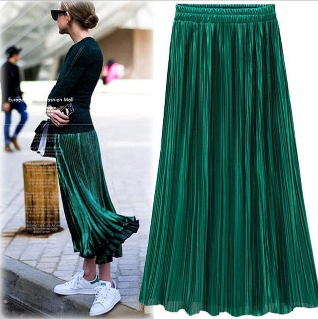 VenusFox Vintage Metallic High Waist Pleated Long Skirt