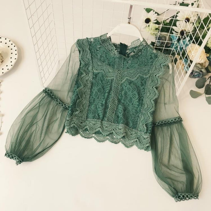 VenusFox Womens Mesh Lace Hook Flower Lantern Sleeve Loose Retro Blouse Shirts