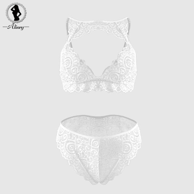 VenusFox sexy floral lace transparent push up lingerie bra and panty set