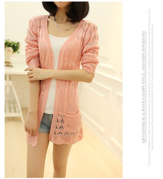 VenusFox Thin knit cardigan sweater spring jacket in the long section of a hollow loose shawl