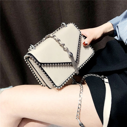 Fashion Leather Simple Small Square Handbag with Tassel Chain