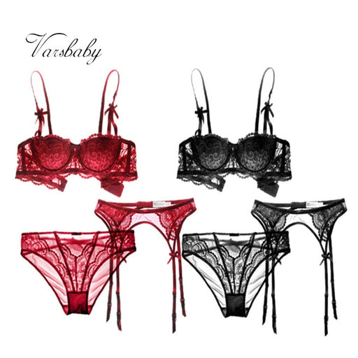 VenusFox embroidery half cup lingerie bra and panty with garters 2 bra sets/lot