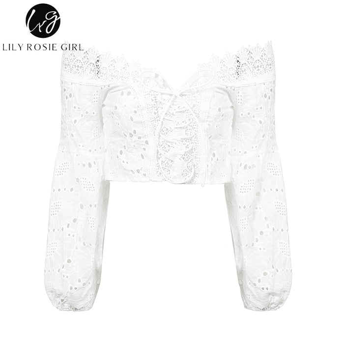 VenusFox White Lace Sexy Blouse Off Shoulder Crop Top