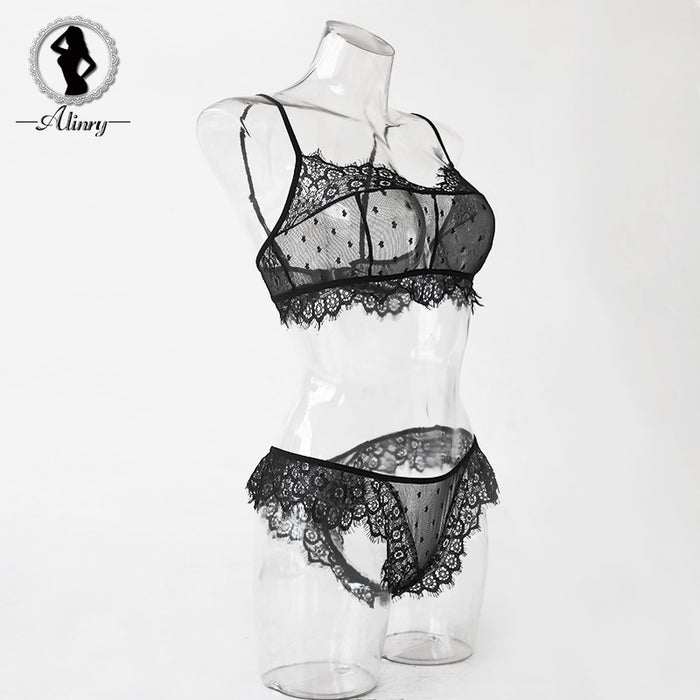 VenusFox sexy floral lace mesh transparent wire free lingerie set