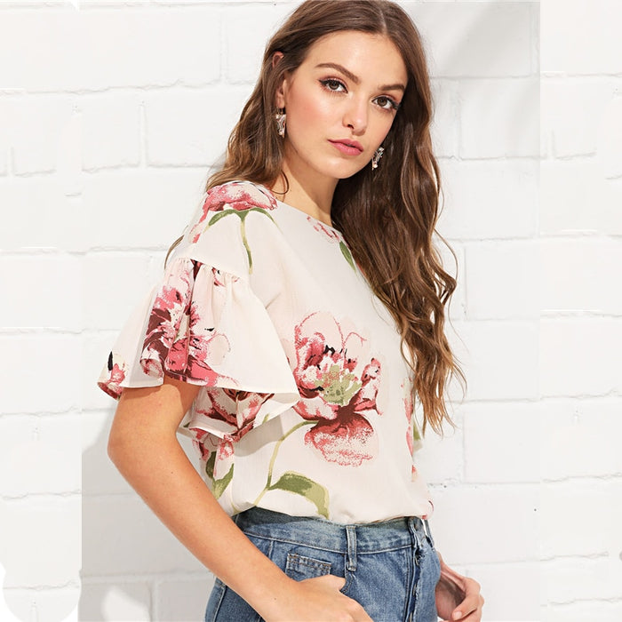 VenusFox Womens Bohemian Floral Print Ruffle Sleeve Keyhole Blouse Casual Shirt Top