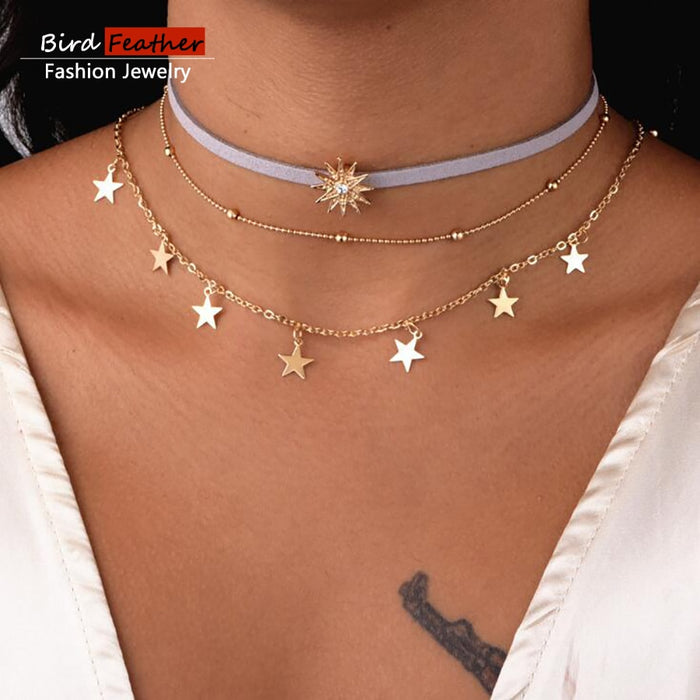 women Fashion Jewelry Long moon Tassel Gold color Choker Chain Necklace