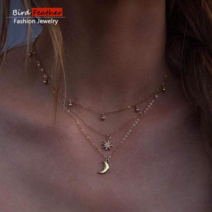 women Fashion Jewelry Long moon Tassel Gold color Choker Chain Necklace