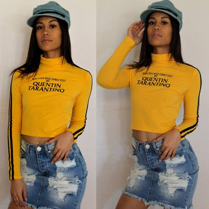 VenusFox Quentin Tarantino Long Sleeve Cotton Knitted Side Stripe Crop Tops