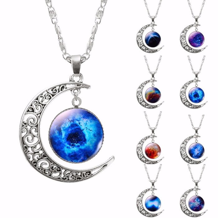 Fashion Lovely Jewelry Choker Glass Galaxy Moon Necklace Silver Chain Necklace