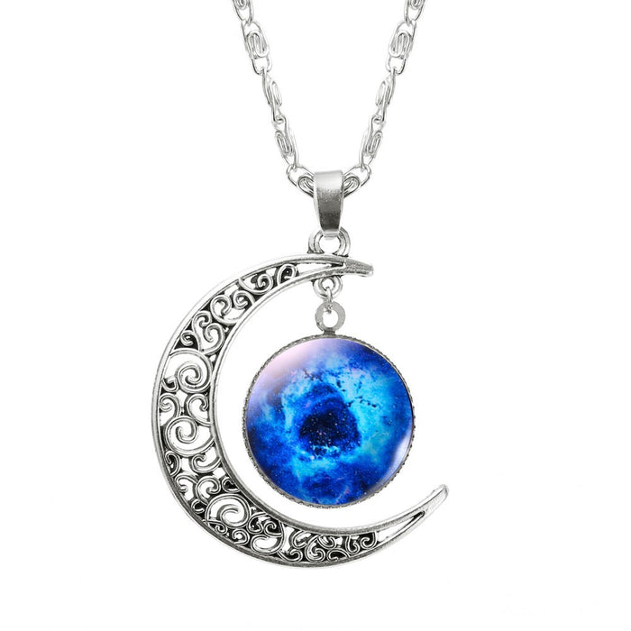 Fashion Lovely Jewelry Choker Glass Galaxy Moon Necklace Silver Chain Necklace