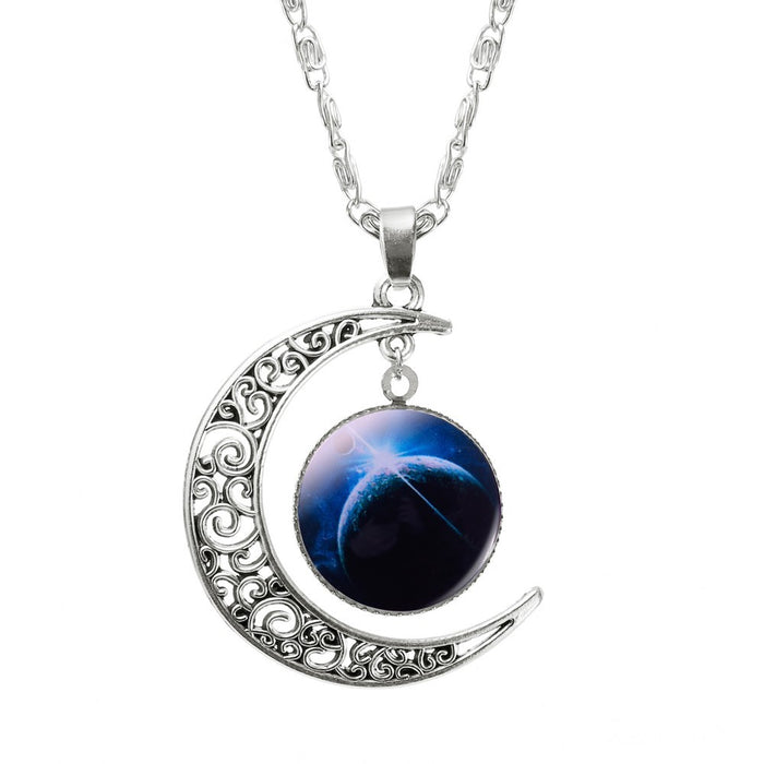 Fashion Lovely Jewelry Choker Glass Galaxy Moon Necklace Silver Chain Necklace
