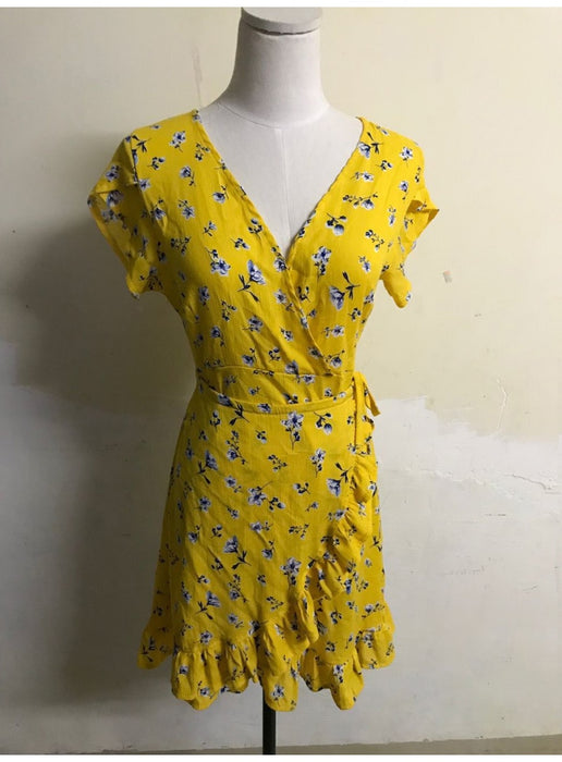 VenusFox Women Loose Short Sleeve V-Neck Ruffles Print Yellow Chiffon Mini Dress