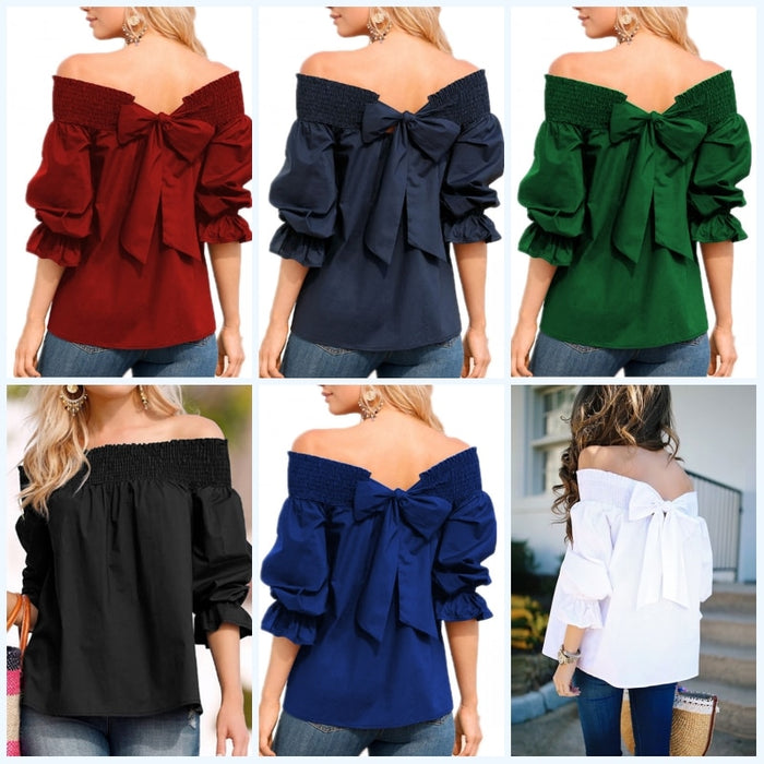 VenusFox Womens Off Shoulder Bowknot Slash Casual Loose Tops Blouse