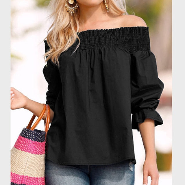 VenusFox Womens Off Shoulder Bowknot Slash Casual Loose Tops Blouse