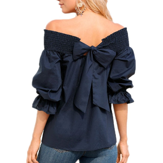 VenusFox Womens Off Shoulder Bowknot Slash Casual Loose Tops Blouse