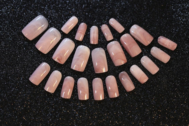 24 PCS Smooth Marble False Nails Long Square Full Designed Nails with Glue Sticker