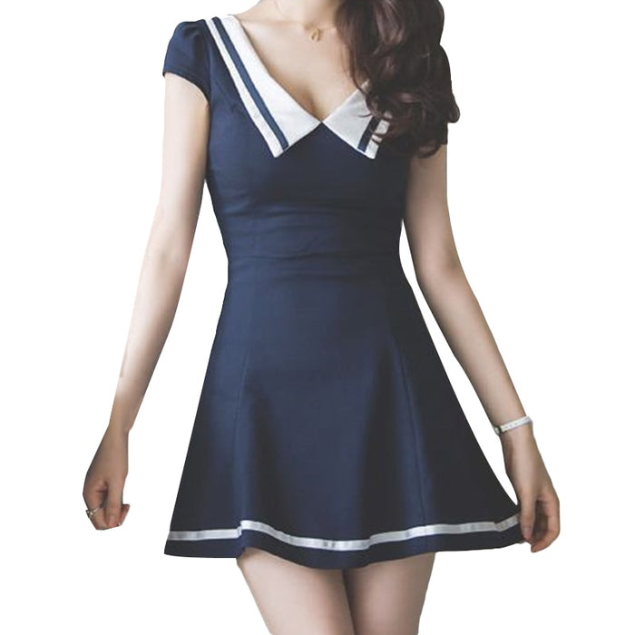 VenusFox Sexy Navy Blue Deep V-neck Elegant A Line Dress