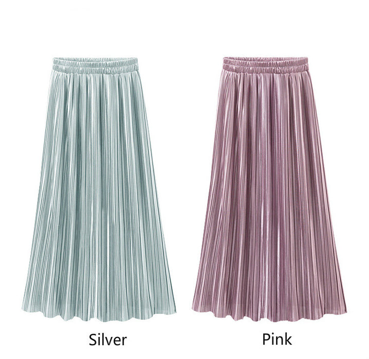 VenusFox Vintage Metallic High Waist Pleated Long Skirt