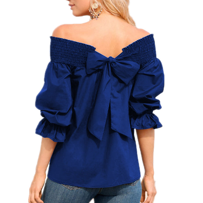 VenusFox Womens Off Shoulder Bowknot Slash Casual Loose Tops Blouse