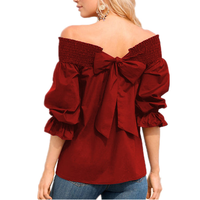 VenusFox Womens Off Shoulder Bowknot Slash Casual Loose Tops Blouse