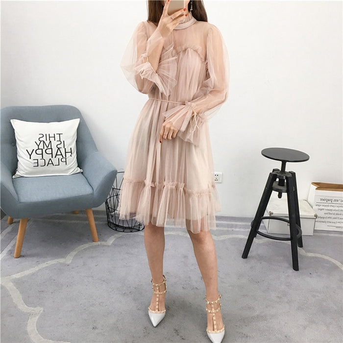 VenusFox Womens Elegant Sweet Mesh Trimmed with Lace Sheer Sexy Party Dresses