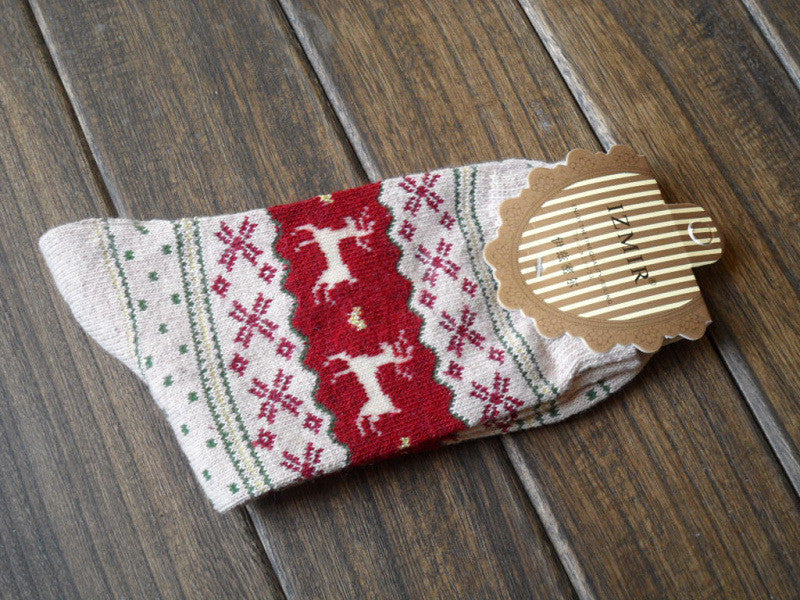 VenusFox Women Winter Soft Snowflake Deer Christmas Mid-calf Socks
