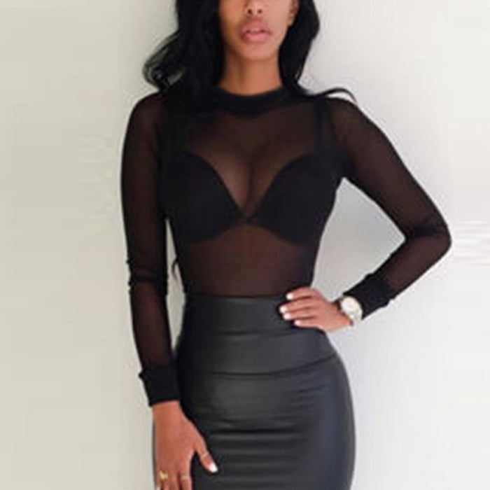 VenusFox Women Transparent Mesh Stand Neck Long Sleeve Sheer Blouse Shirt Plus Size