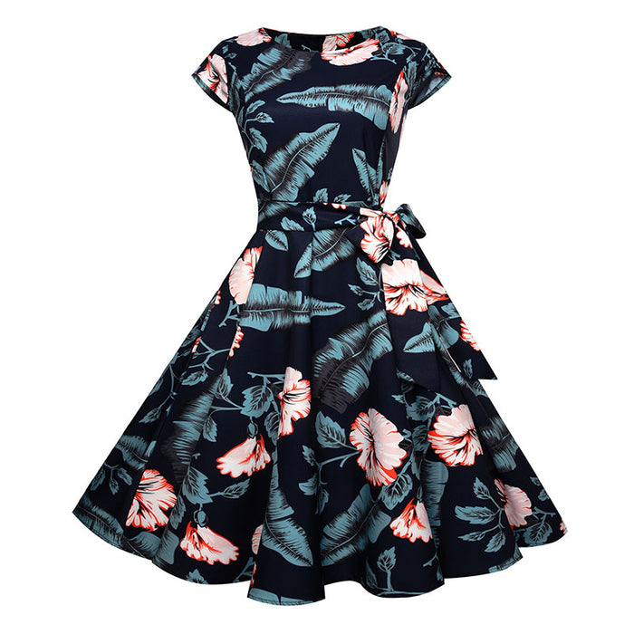 VenusFox Floral Dress 50s Vintage Casual Elegant Print O-Neck Party Work Office Dress