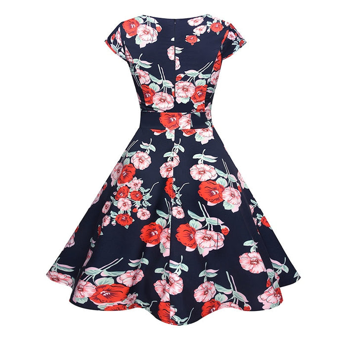 VenusFox Floral Dress 50s Vintage Casual Elegant Print O-Neck Party Work Office Dress