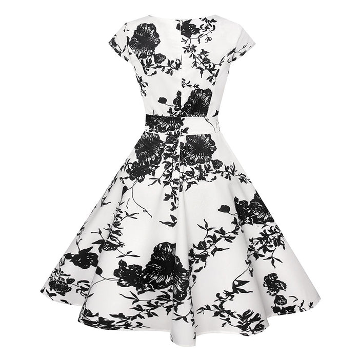 VenusFox Floral Dress 50s Vintage Casual Elegant Print O-Neck Party Work Office Dress