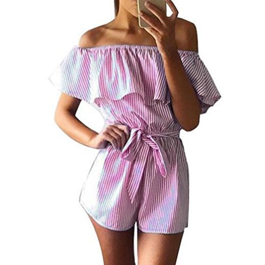 VenusFox Backless Ruffles Striped Rompers