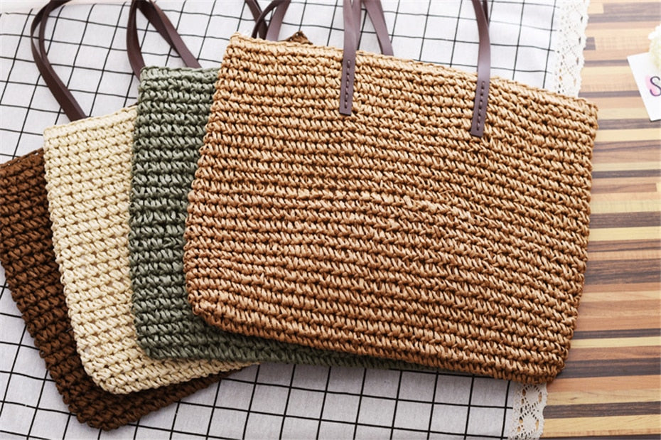 Women Summer Rattan Woven Knitted Straw Totes