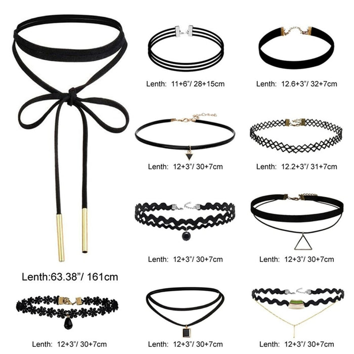 VenusFox 10 Pcs/pack Choker Necklace Black Lace Leather Velvet Strip Woman Collar Party Jewelry Neck Accessories Chokers