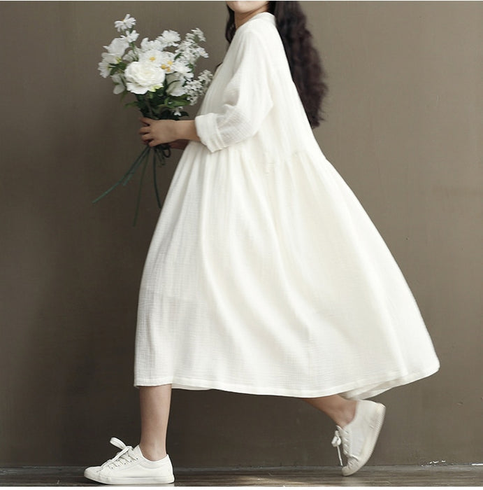VenusFox Women Long Sleeve Cotton Linen White Dress