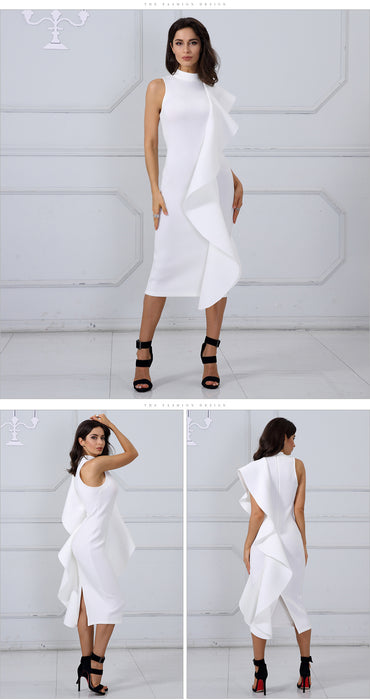 VenusFox White Sexy Sleeveless Ruffles Bodycon Dresses