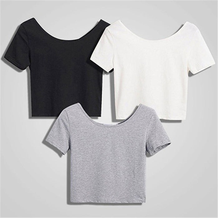 VenusFox Women Fashion Crop Top Shirt Solid Color O-Neck Short Sleeve T-shirt