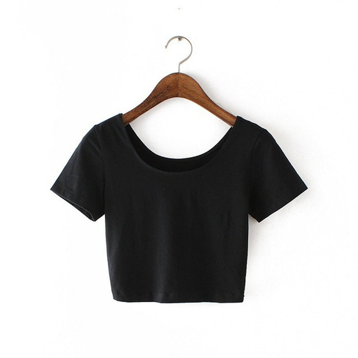 VenusFox Women Fashion Crop Top Shirt Solid Color O-Neck Short Sleeve T-shirt