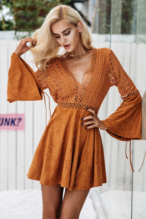 VenusFox Sexy suede leather lace flare sleeve dress