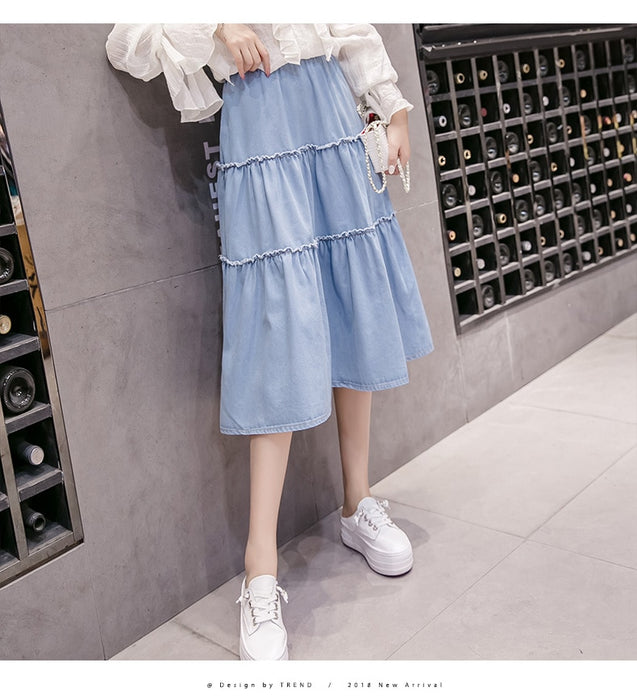 VenusFox Casual Button Solid Color Long Denim Skirt