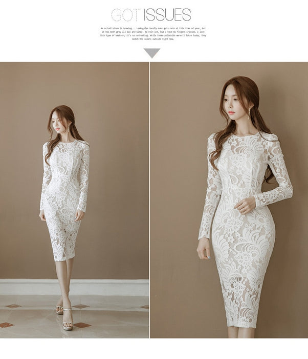 VenusFox Women's Sexy Long Sleeve Bandage Bodycon White Pencil Lace Dress